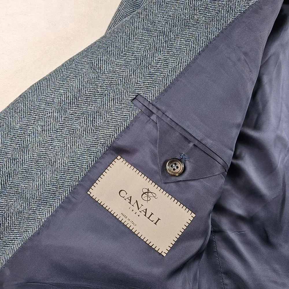 Canali 1934 Blazer 40R Wool Cashmere Herringbone Flannel Aqua Sport Coat L 13290